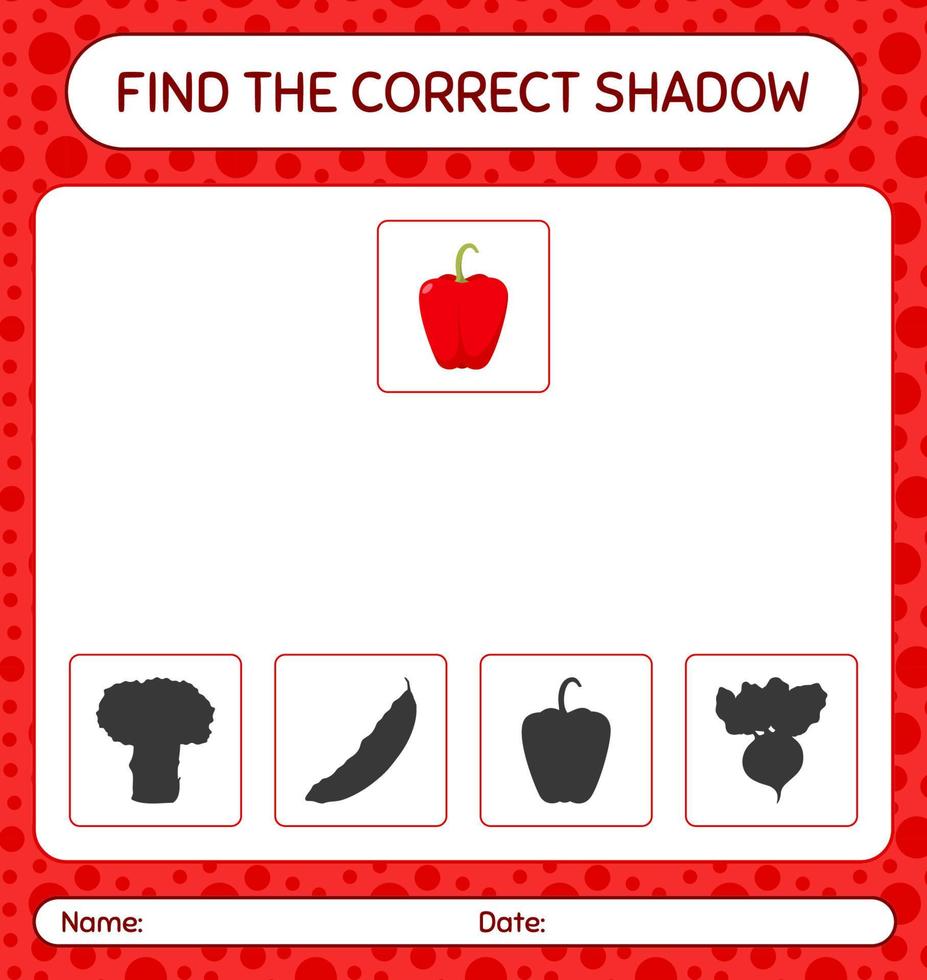 hitta rätt skuggspel med paprika. arbetsblad för förskolebarn, aktivitetsblad för barn vektor