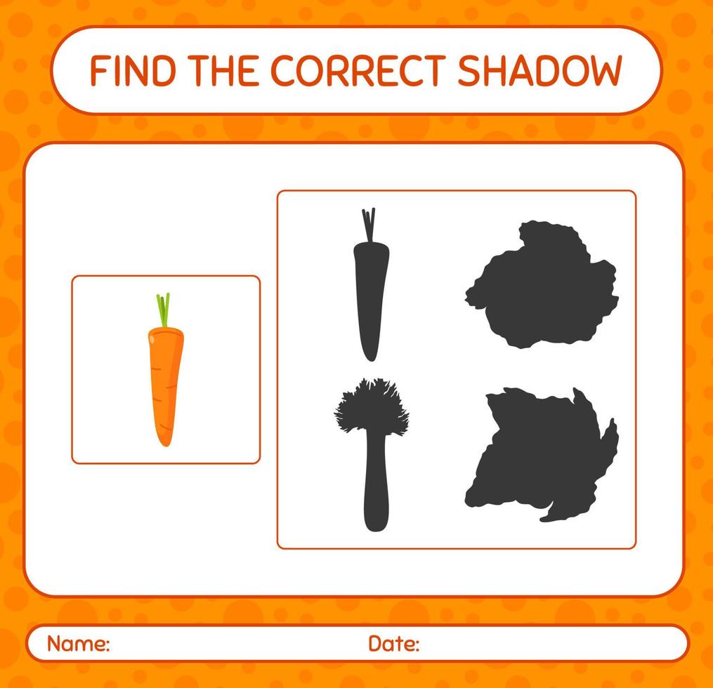 Finden Sie das richtige Schattenspiel mit Karotte. arbeitsblatt für vorschulkinder, kinderaktivitätsblatt vektor