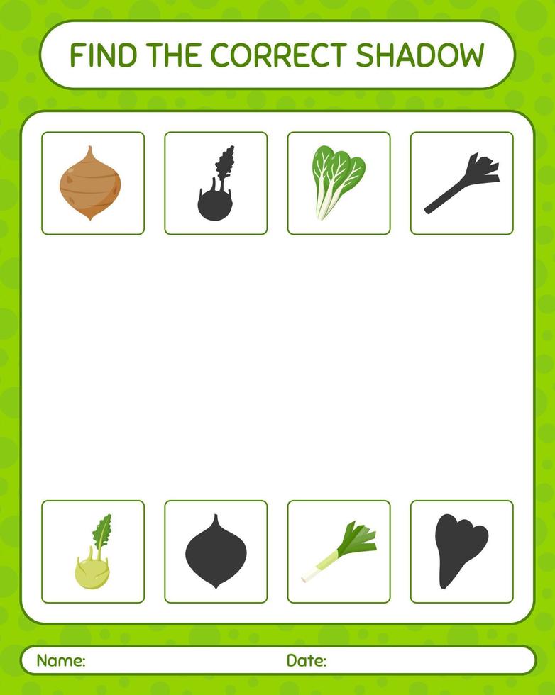 hitta rätt skuggspel med grönsaker. arbetsblad för förskolebarn, aktivitetsblad för barn vektor