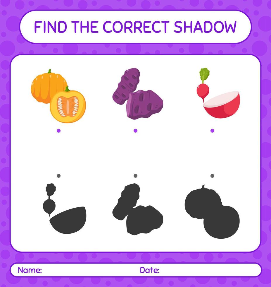 Finden Sie das richtige Schattenspiel mit Gemüse. arbeitsblatt für vorschulkinder, kinderaktivitätsblatt vektor