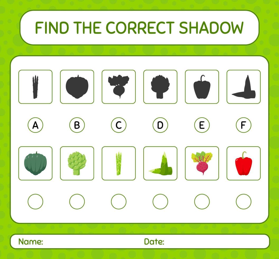 hitta rätt skuggspel med grönsaker. arbetsblad för förskolebarn, aktivitetsblad för barn vektor