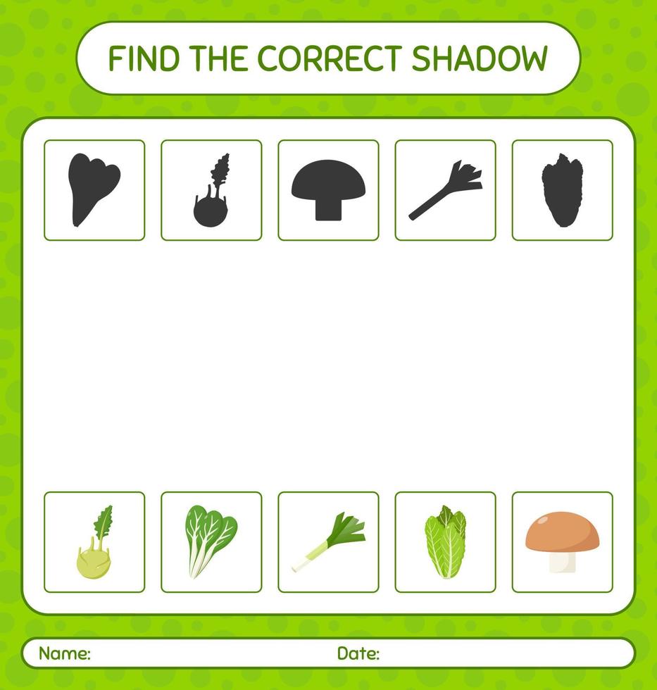 hitta rätt skuggspel med grönsaker. arbetsblad för förskolebarn, aktivitetsblad för barn vektor