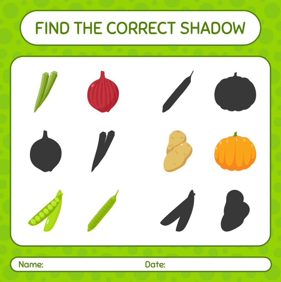 Finden Sie das richtige Schattenspiel mit Gemüse. arbeitsblatt für vorschulkinder, kinderaktivitätsblatt vektor