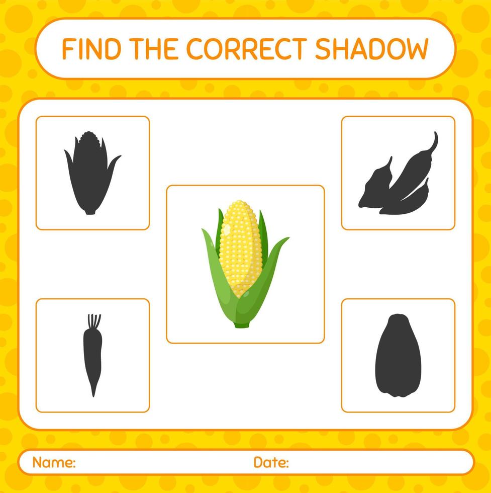 hitta rätt skuggspel med majs. arbetsblad för förskolebarn, aktivitetsblad för barn vektor