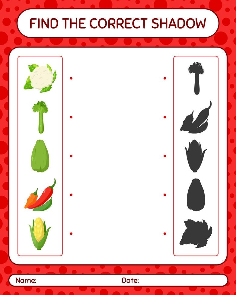 Finden Sie das richtige Schattenspiel mit Gemüse. arbeitsblatt für vorschulkinder, kinderaktivitätsblatt vektor