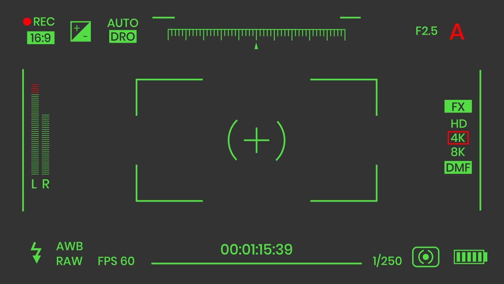 Kamera-Sucher-Nachtsicht-Video- oder Fotorahmen-Recorder flache Design-Vektorillustration. digitalkamera-sucher mit belichtungseinstellungen und fokussiergittervorlage. vektor