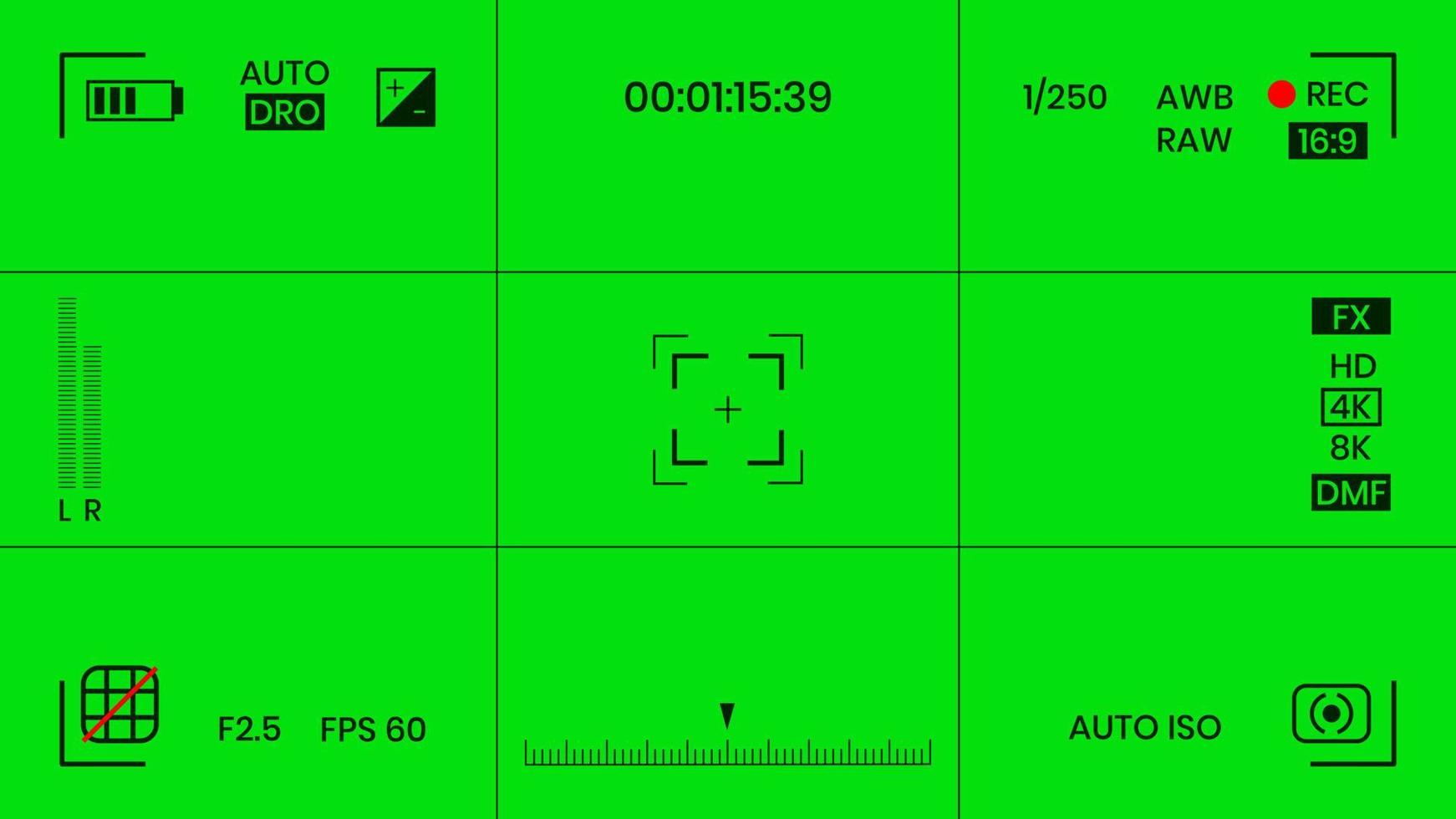 grün gefärbte Chroma-Key-Kamera Rec-Rahmen Sucher-Overlay-Hintergrundbildschirm flache Design-Vektorillustration. chroma key vfx bildschirm kamera overlay abstraktes hintergrundkonzept für videomaterial vektor