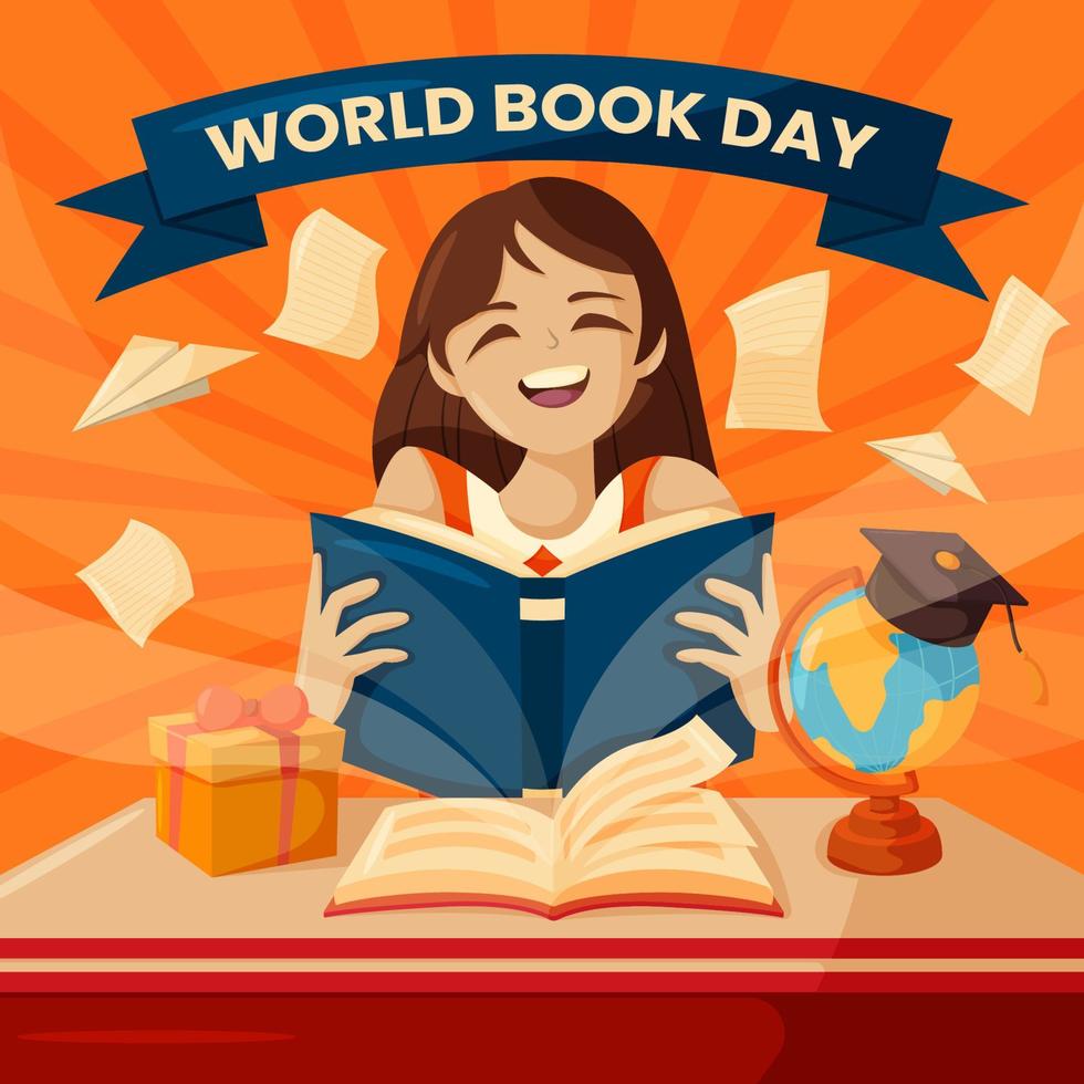 världsbokdagen med glad kvinna som läser bok vektor
