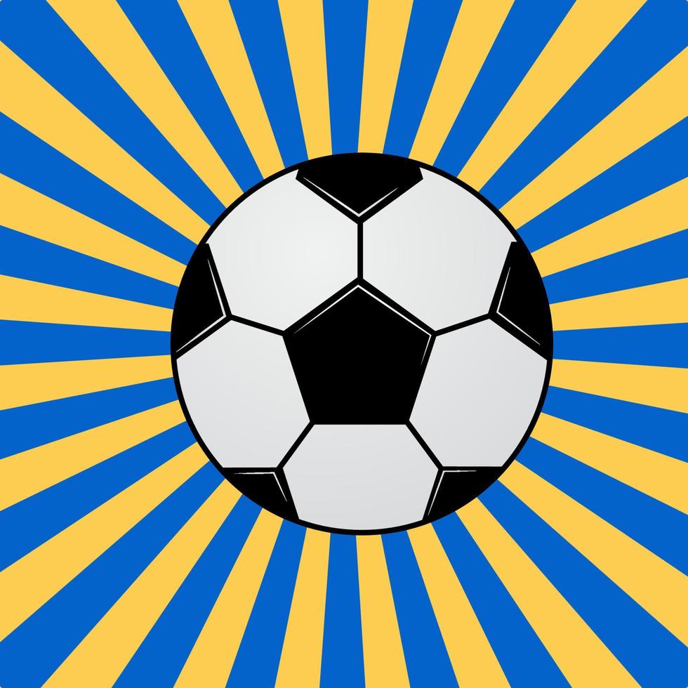 Fußball auf Hintergrund mit blauen und gelben konzentrischen Streifen. Fußballbanner im Pop-Art-Stil. lustige Cartoon-Sport-Vektor-Illustration. einfach zu bearbeitende Designvorlage für Ihre Kunstwerke. vektor