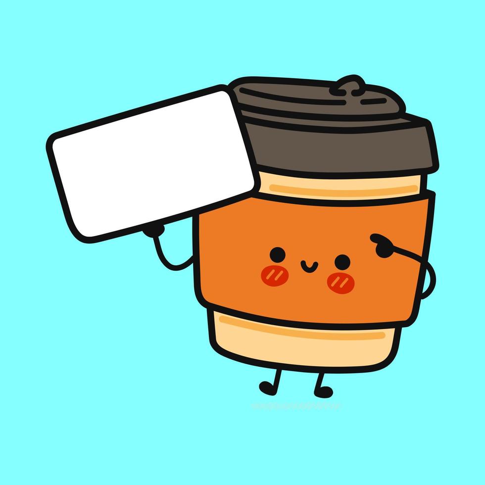 süßer lustiger kaffee mit plakat. vektor hand gezeichnete karikatur kawaii charakter illustration symbol. isoliert auf blauem Hintergrund. Kaffee denken Konzept