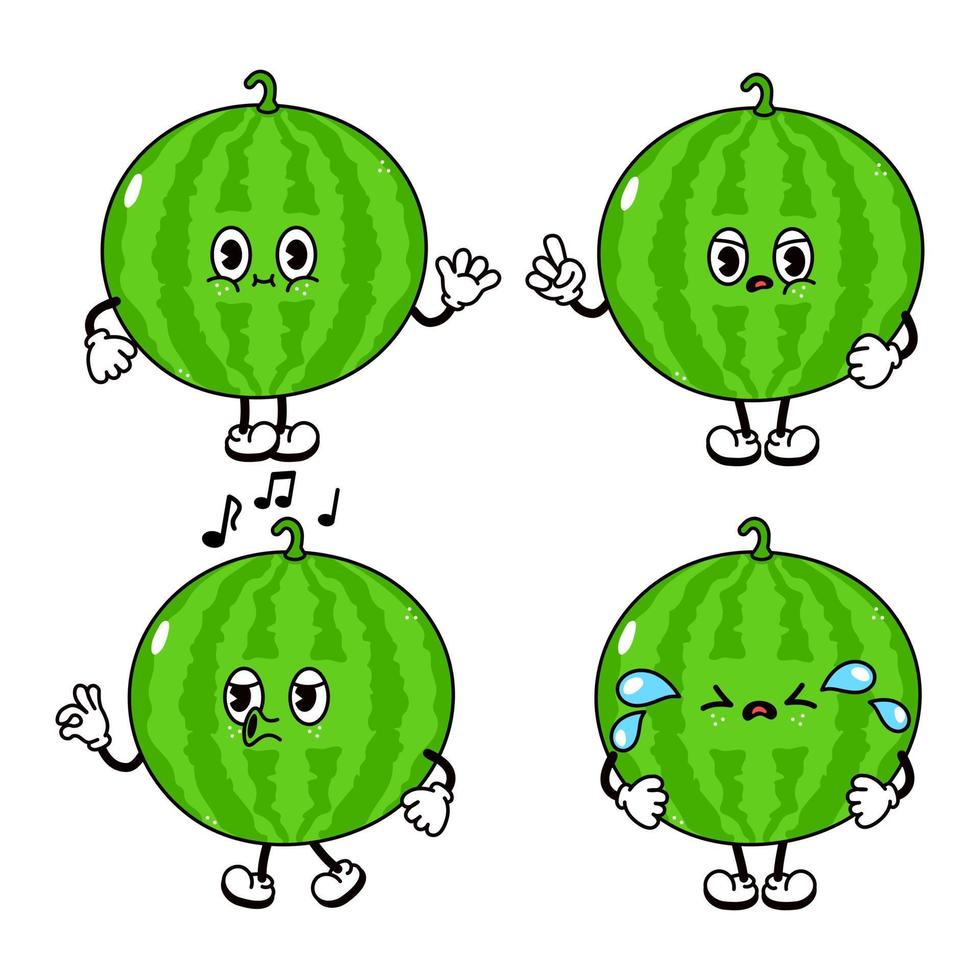 lustige süße wassermelonenfiguren bündelsatz. Vektor handgezeichnete Doodle-Stil traditioneller Cartoon-Vintage, Retro-Charakter-Illustration-Icon-Design. isolierter weißer Hintergrund. fröhliches Wassermelonen-Maskottchen