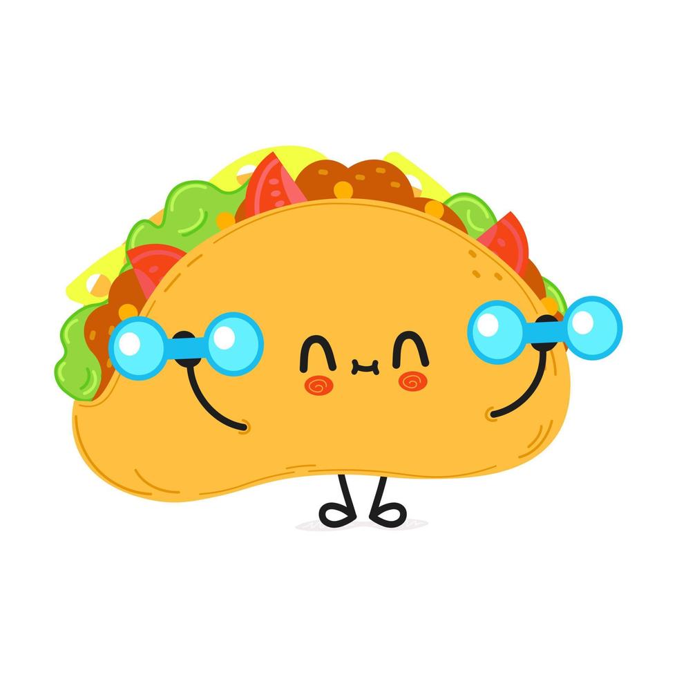 süßer lustiger taco-charakter mit hanteln. vektor hand gezeichnete karikatur kawaii charakter illustration symbol. isoliert auf weißem Hintergrund. Taco-Charakter-Fitness-Konzept