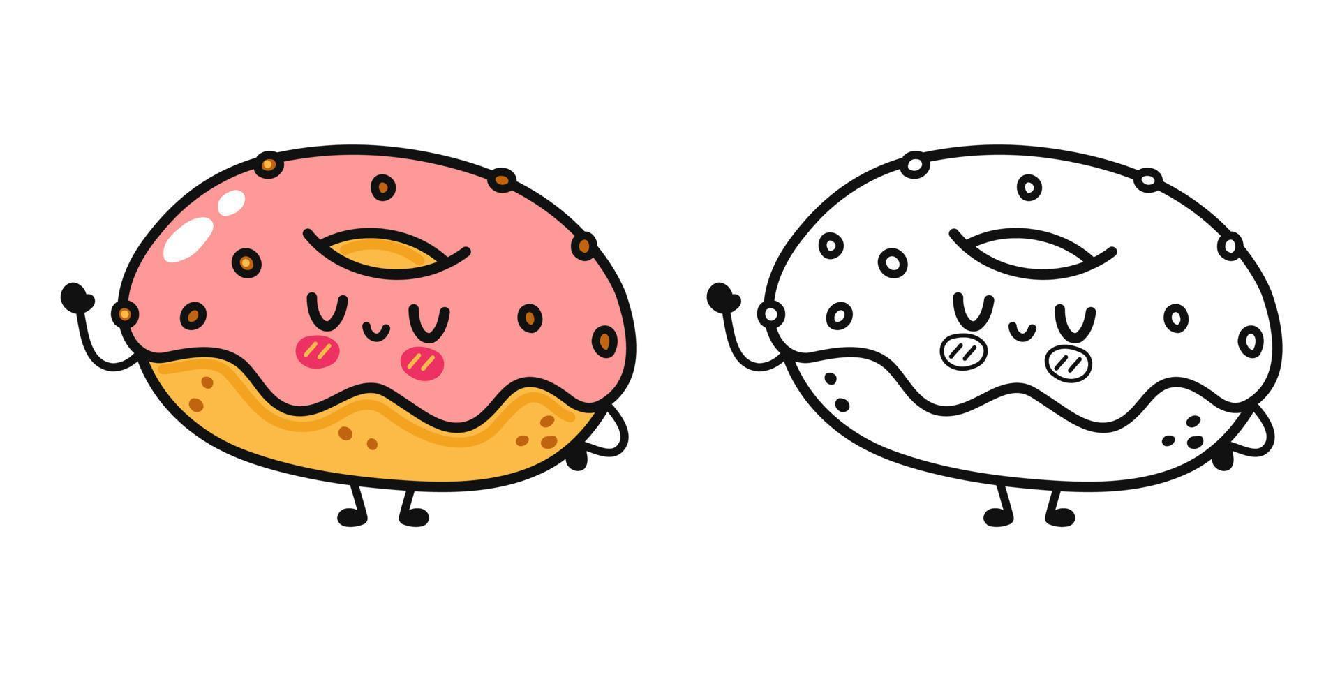 lustige niedliche glückliche donut-charaktere bündelsatz. vektor hand gezeichnete karikatur kawaii charakter illustration symbol. isoliert auf weißem Hintergrund. Umrisskarikaturillustration für Malbuch