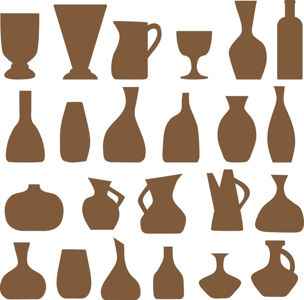 en uppsättning vaser i olika former. silhuetter av krukor och flaskor i keramik, glas och betong. boho designelement för och skapa affischer. vektor