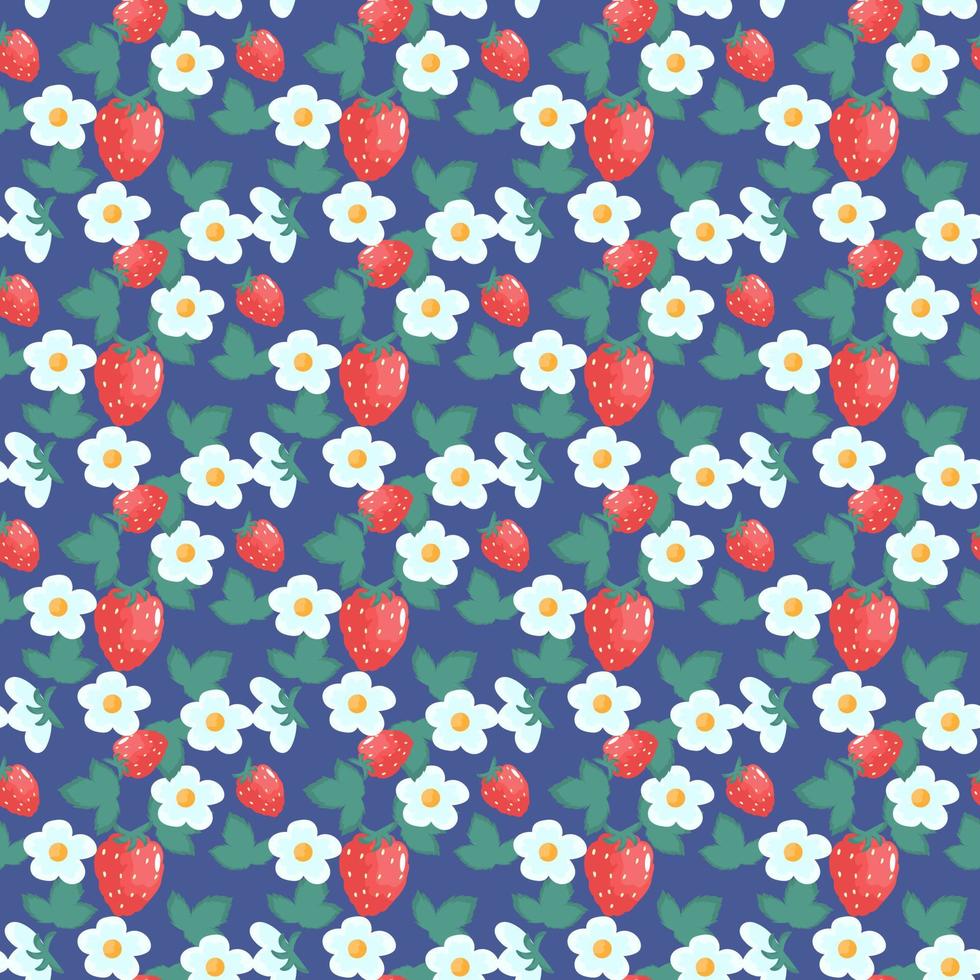 seamless mönster med jordgubbar och bär på en mörk bakgrund. provdesign för ett tyg, affisch eller webbsida. vektor