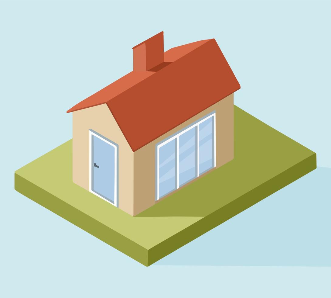 Vektor isometrisches Haussymbol. Illustration eines rustikalen Einfamilienhauses auf einem grünen Rasen