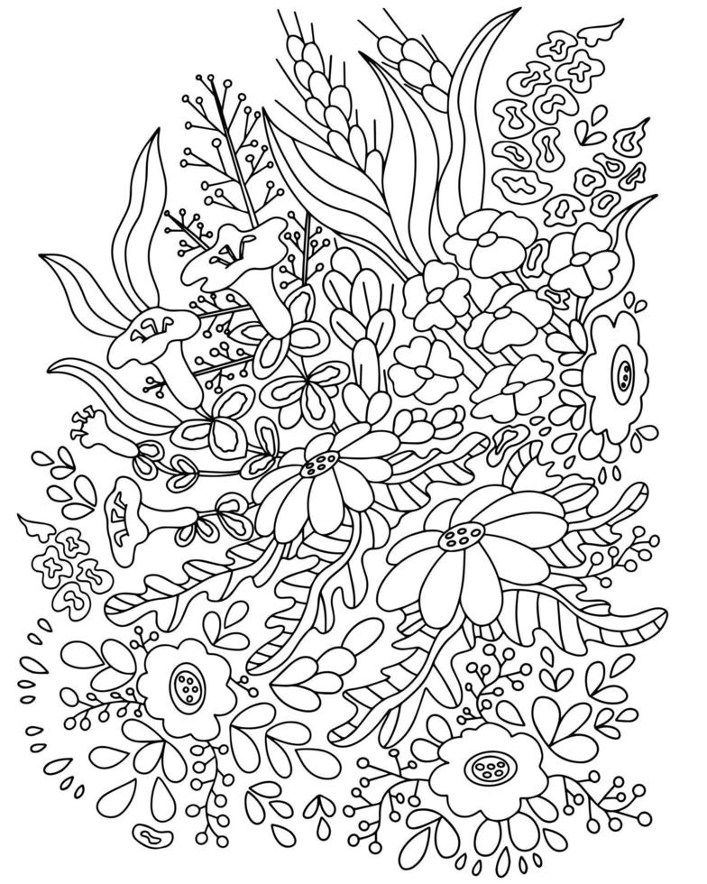 Wildblumen, Blätter und Beeren. schönes Bouquet, botanische Komposition. Malbücher für Erwachsene und Kinder. handgezeichneter Vektor, Strichzeichnungen. vektor