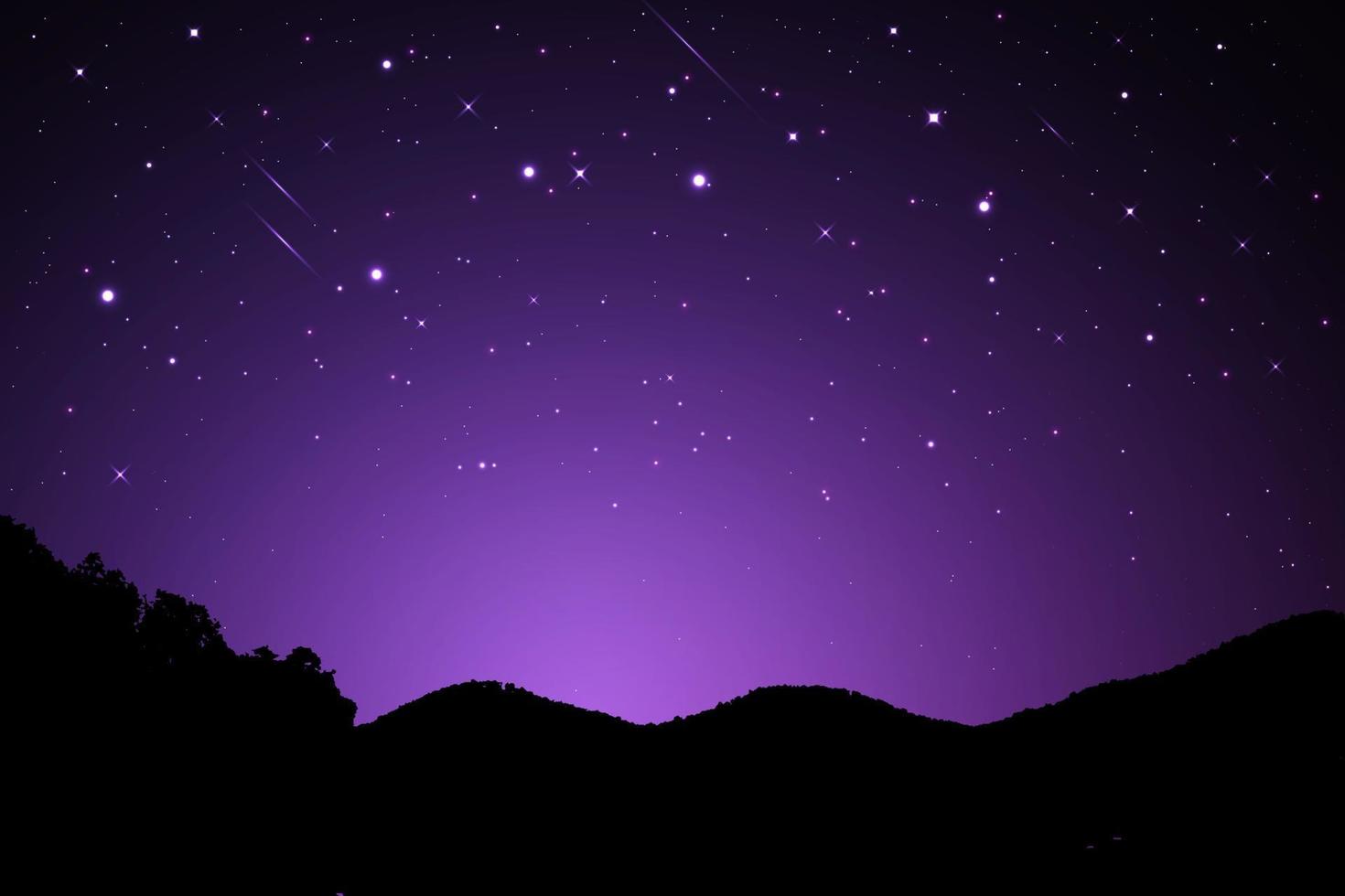 nattlandskap med silhuetter av berg och himmel med stjärnor, stjärnklar natthimmel bakgrund. mörkblå himmel med lysande stjärnor, vektorillustration vektor