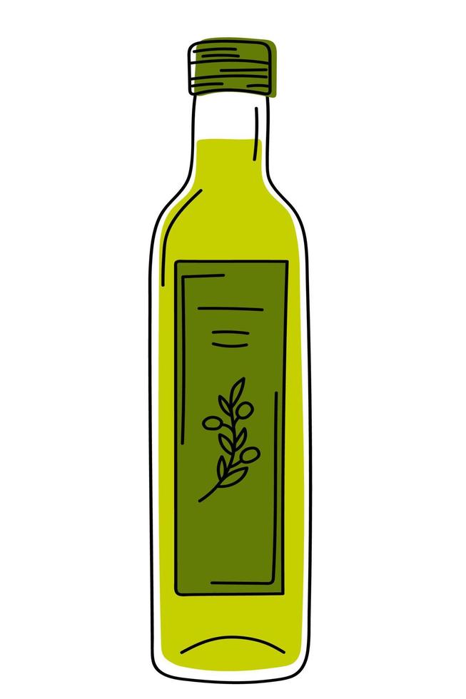handgezeichnete Flasche mit Olivenöl. vektor