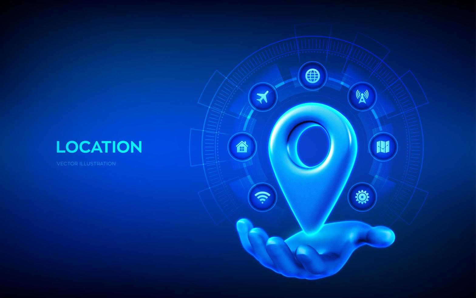 Punkt des Standorts 3d-Symbol. Zeiger der Karte in der Hand. Navigationskonzept. Kartenmarkierungszeichen. Grafikelement gps-Zeiger. Navigationspunkt globales Positionssystem-Symbol. Vektor-Illustration. vektor