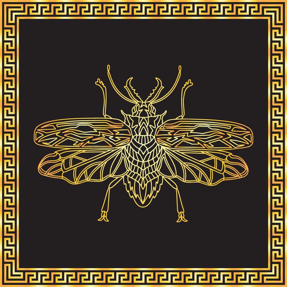 ein goldener käfer mit einem goldenen quadratischen rahmen im griechischen stil. vektor