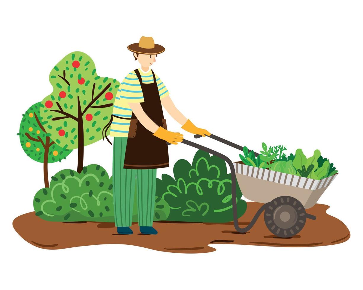 illustration av en söt trädgårdsmästare med skottkärra med en skörd på bakgrund av landsbygdens natur vektor
