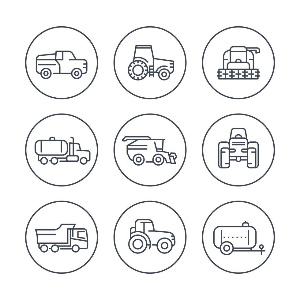 Liniensymbole für landwirtschaftliche Maschinen in Kreisen, Traktor, Mähdrescher, landwirtschaftliche Fahrzeuge, Erntemähdrescher, LKW, Pickup-Symbole, Vektorillustration vektor