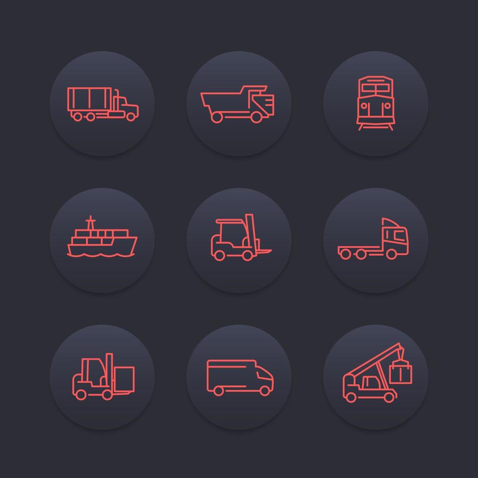 Symbole für Transportlinien, Gabelstapler, Frachtschiff, Zug, LKW-Symbol, Transit, Transportpiktogramme, dunkles Set, Vektorillustration vektor