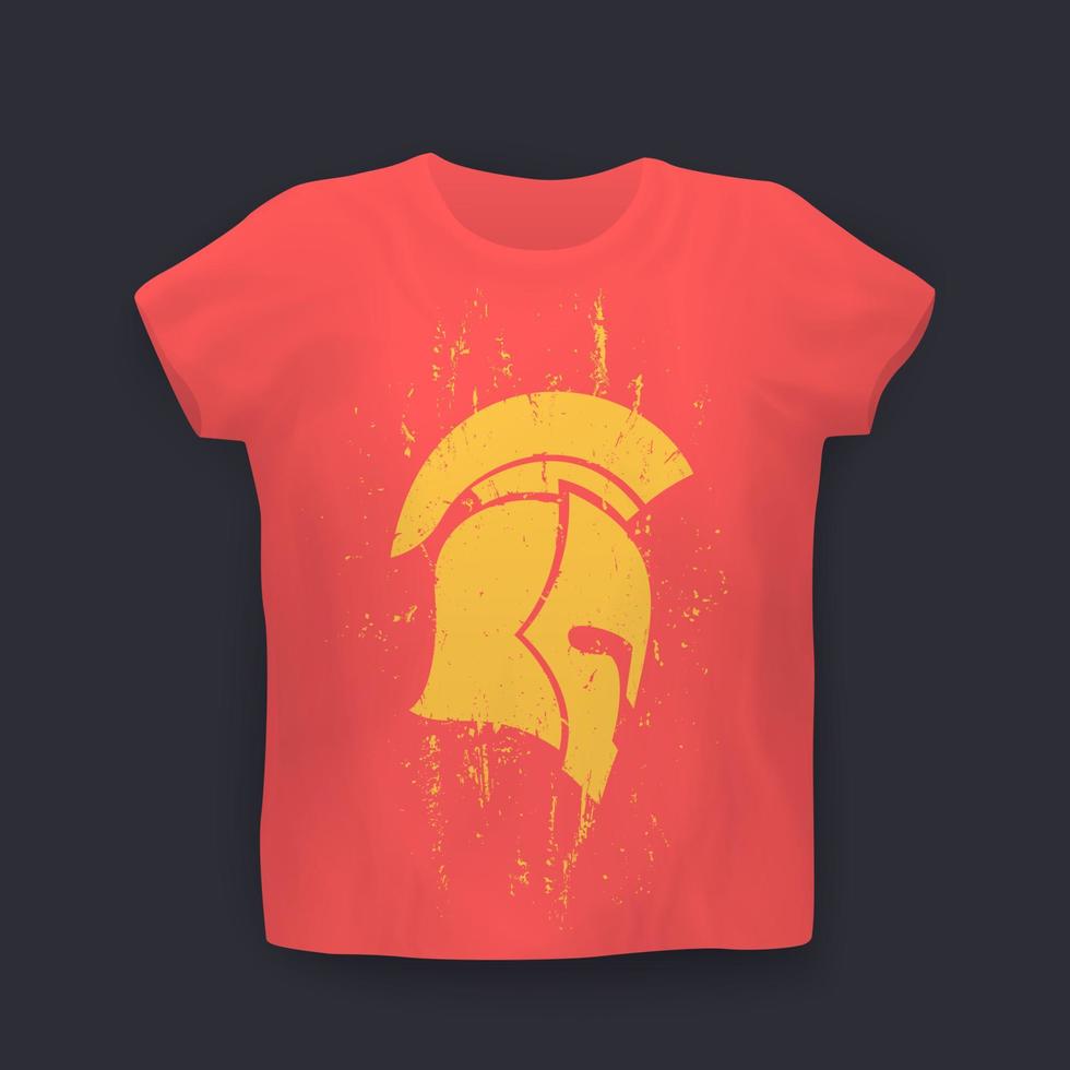 Grunge spartanischer Helm im Profil, Vektor-T-Shirt-Druck auf Mockup vektor