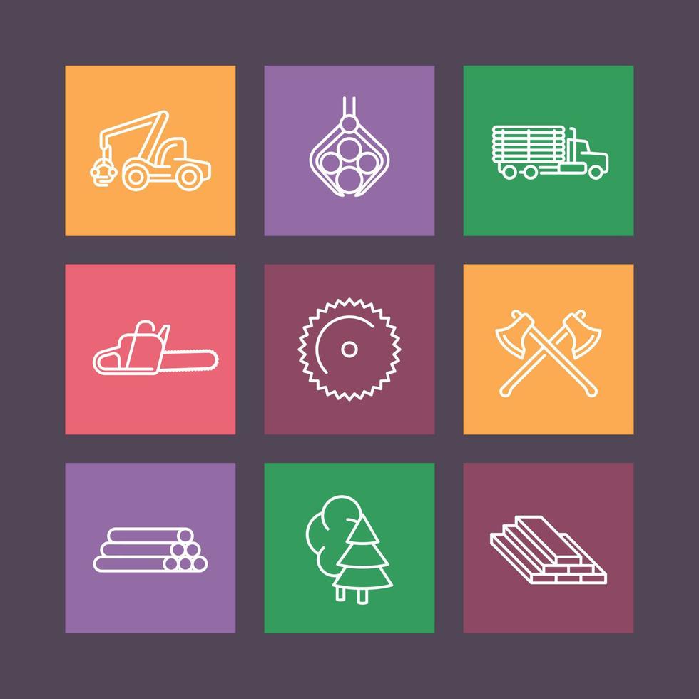 Logging Line Icons, Forstwirtschaft, Holz, Baumerntemaschine, LKW mit Holz, Lastwagen, Sägewerk, Logging Truck, flache Symbole auf Quadraten, Vektorillustration vektor