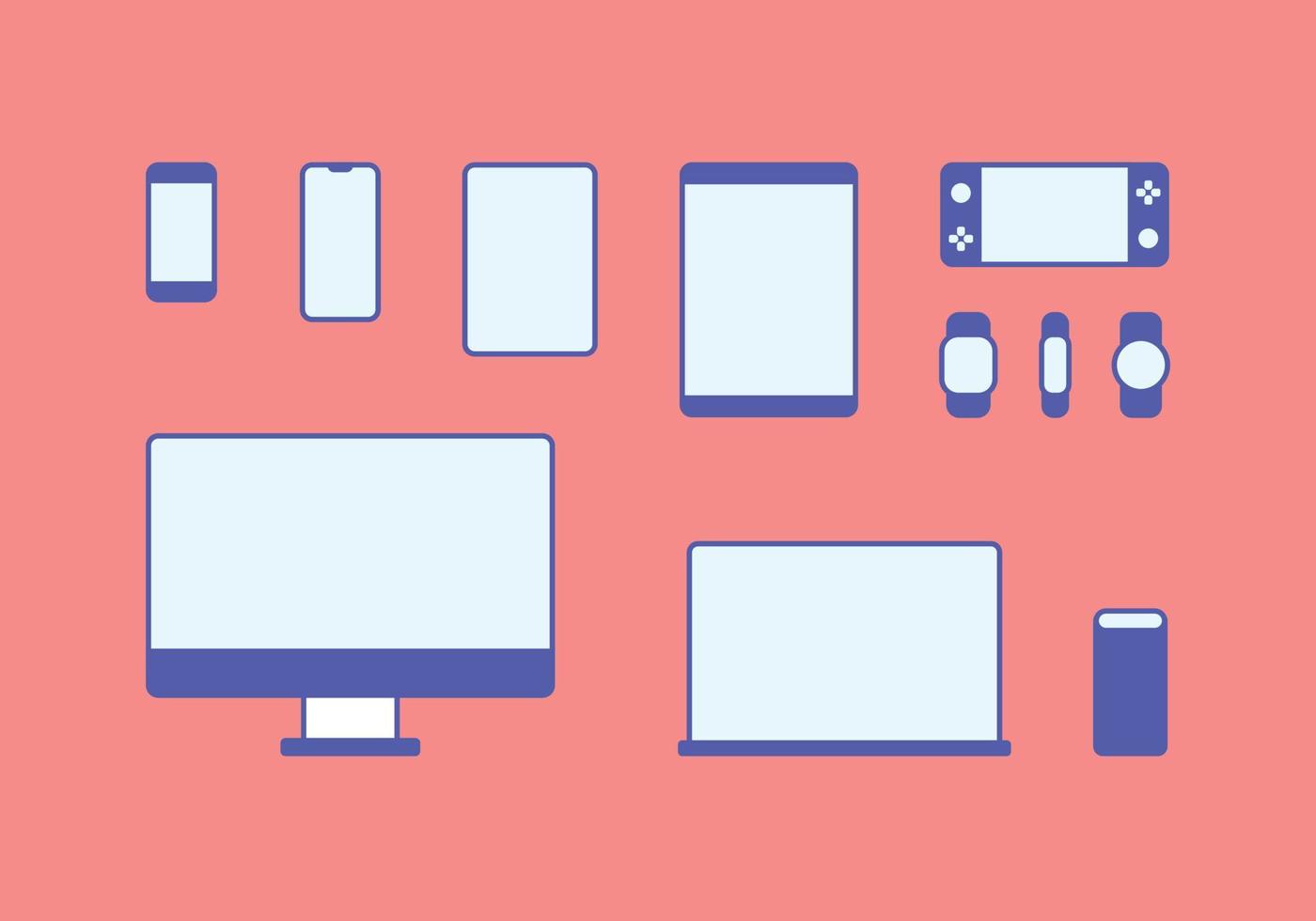 Modellvorlage für moderne elektronische Geräte. Symbolsatz aus Display, Computer, Telefon, Tablet, Smartwatch und mobiler Spielekonsole auf isoliertem orangefarbenem Hintergrund. flache Design-Vektordatei, editierbare Striche. vektor