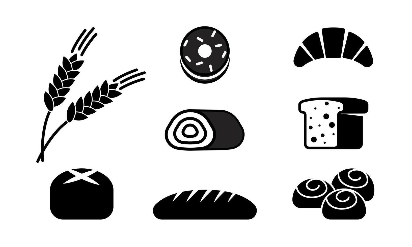 Brot schwarze Symbolsilhouette. Lebensmittelsymbol für Café oder Bäckerei. Krapfen, Hörnchen, Kuchenvektorillustration auf weißem Hintergrund vektor