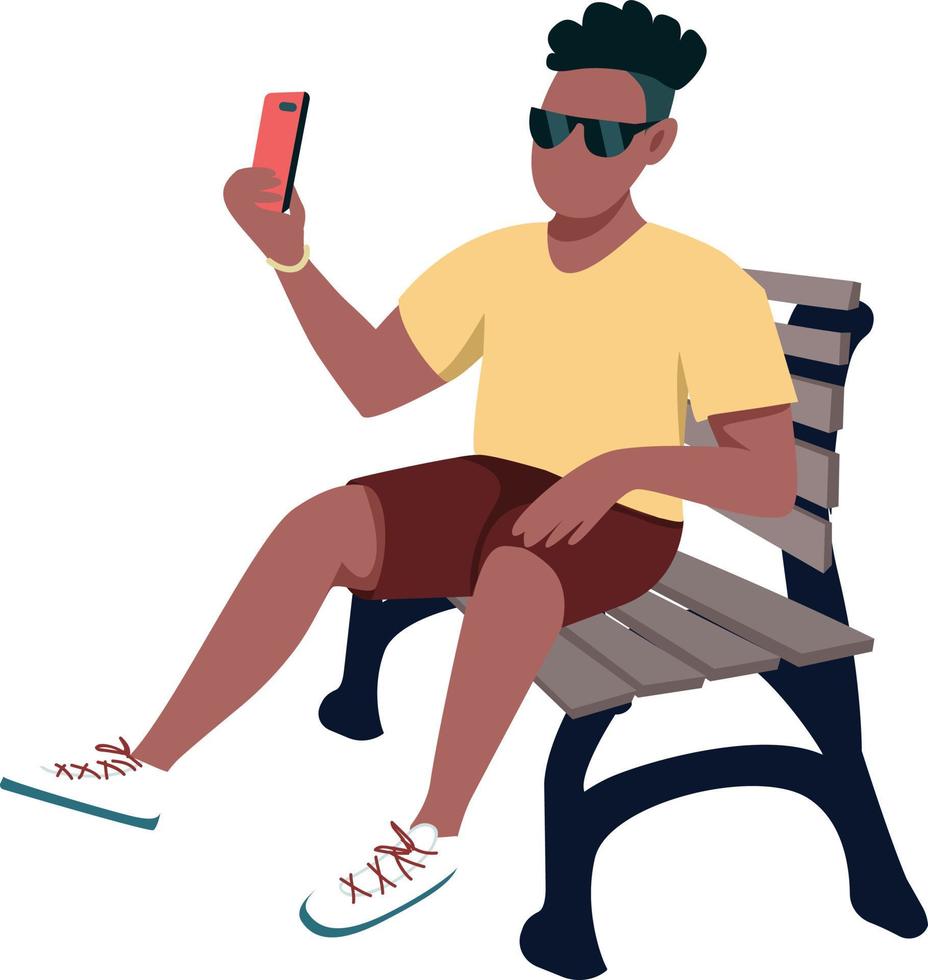Stylischer Typ, der Selfie macht und auf einer Bank sitzt, halbflacher Farbvektorcharakter vektor