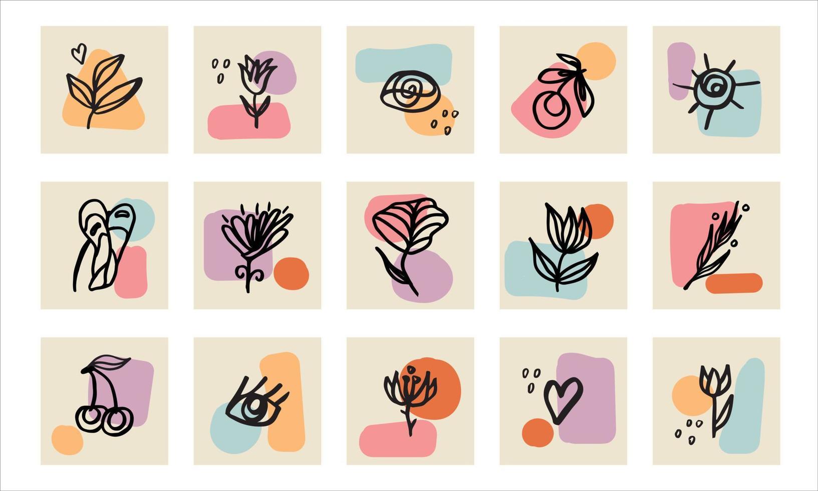 uppsättning av botaniska handritade element. olika blad, blommor symboler i abstrakt stil. vektor illustration isolerade