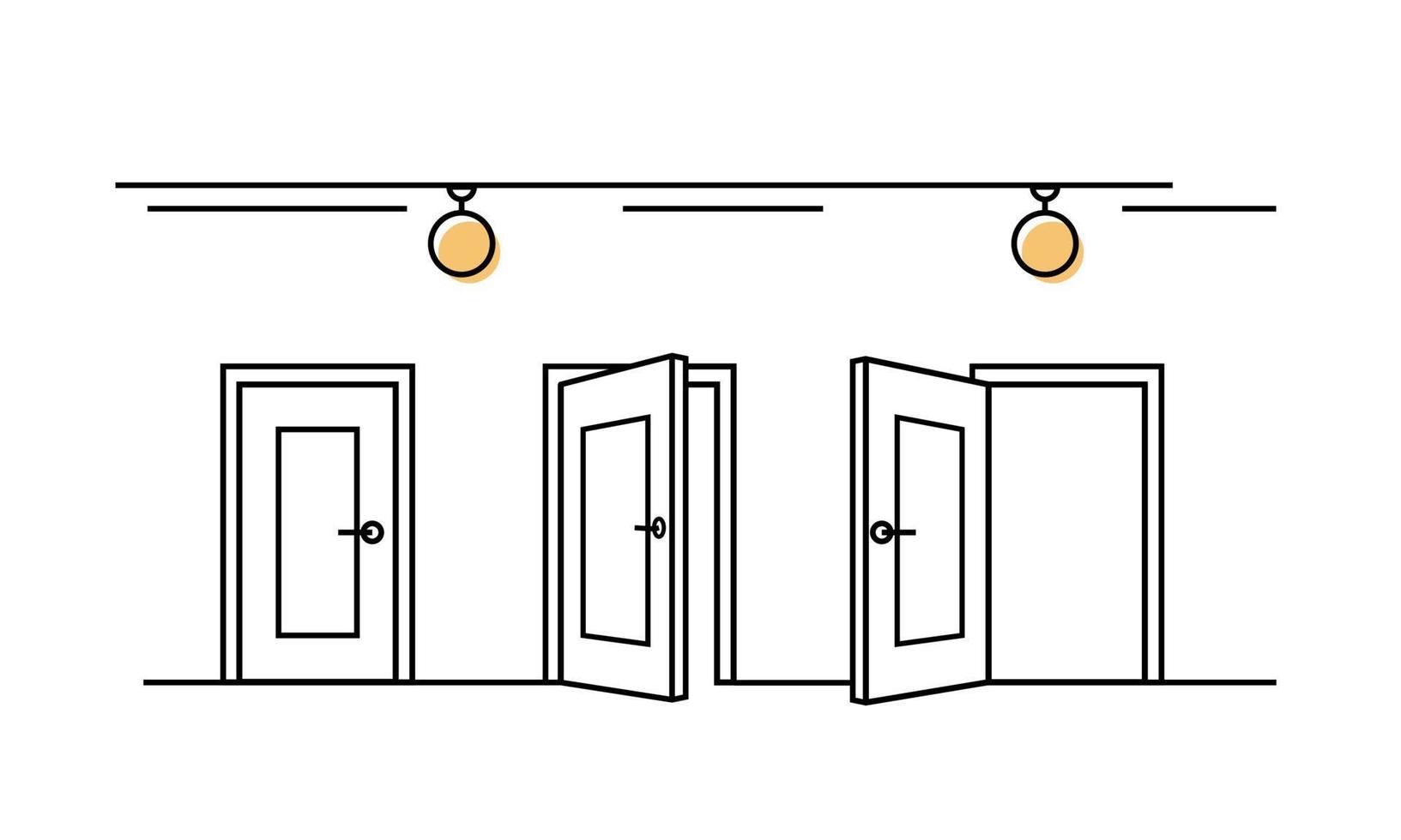 Türen geschlossen und offene Liniensymbole. Finden Sie eine Wahl, einen Ausweg und wählen Sie den Weg zum Erreichen. Alternativer Eingang in Vorderansicht. Vektorillustration auf weißem Hintergrund vektor