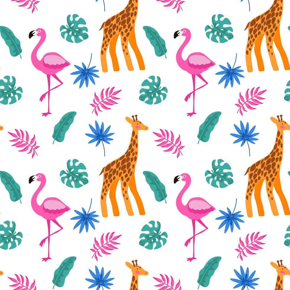 hand gezeichnetes tropisches nahtloses muster mit palme, monsterblättern, giraffe und rosa flamingo auf weißem hintergrund. Vektor-Illustration vektor