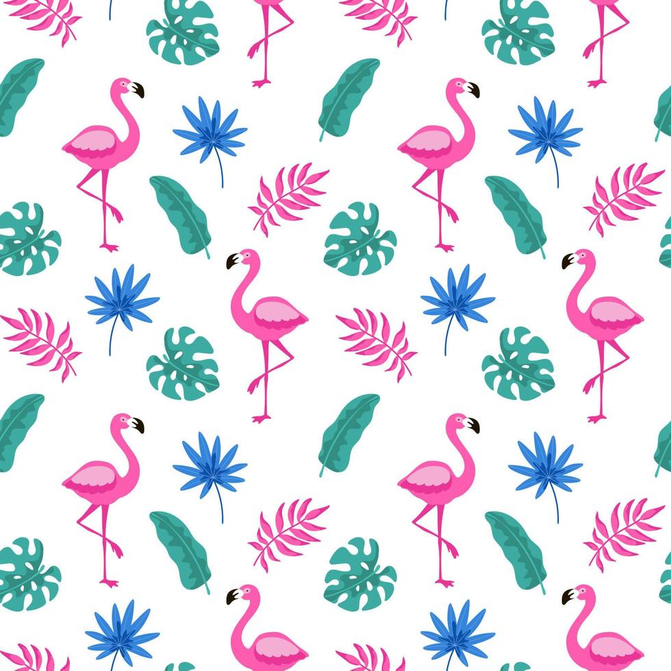 handritade tropiska sömlösa mönster med palmträd, monsterblad och rosa flamingo på vit bakgrund. vektor illustration