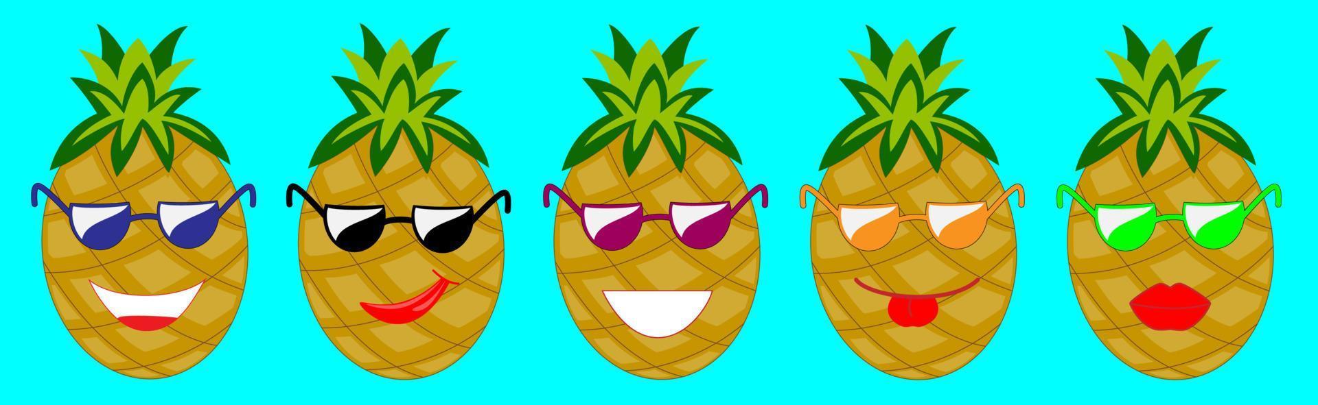 satz süße positive ananas mit brille. Vektor-Cartoon-Figur-Illustration-Icon-Design. vektor