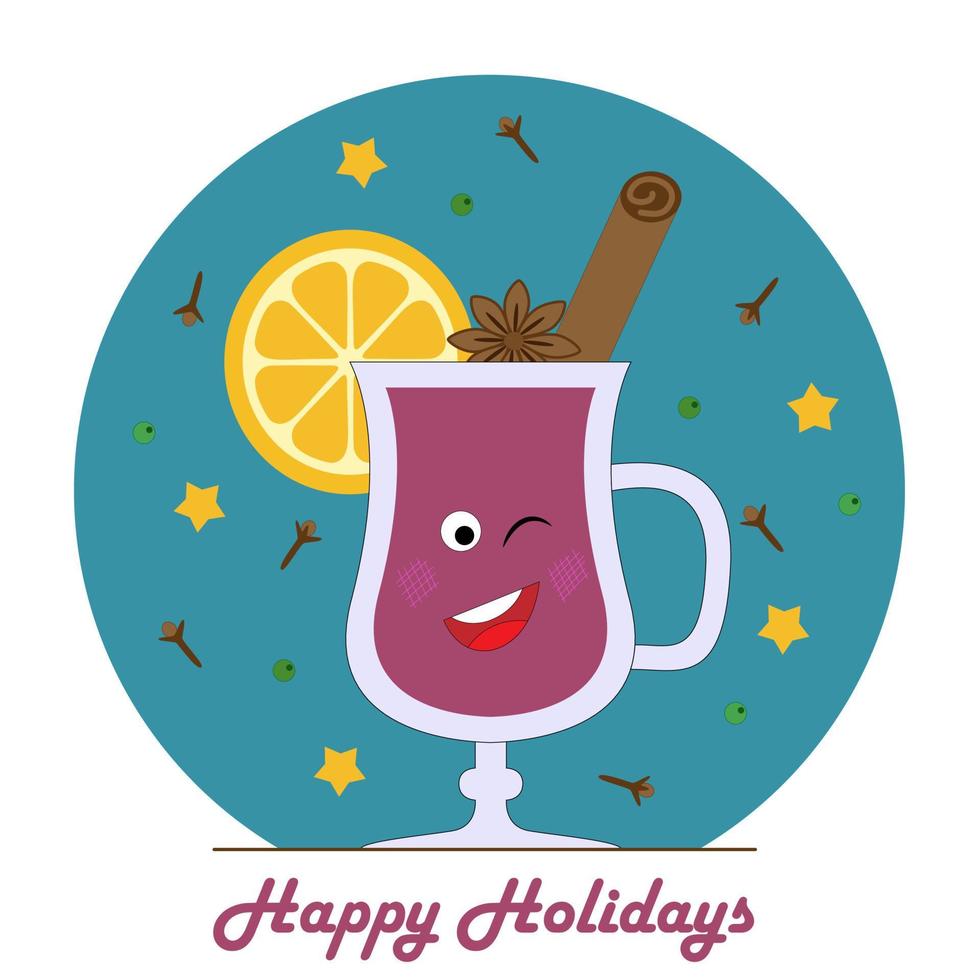 Fröhliches Cartoon-Glas Glühwein mit heißem Rotwein, Zitrone oder Orangengewürz. Linienvektorillustration des Winter- und Herbstalkoholgetränks. kann für Grußkarten, Einladungen, Banner, Poster verwendet werden vektor