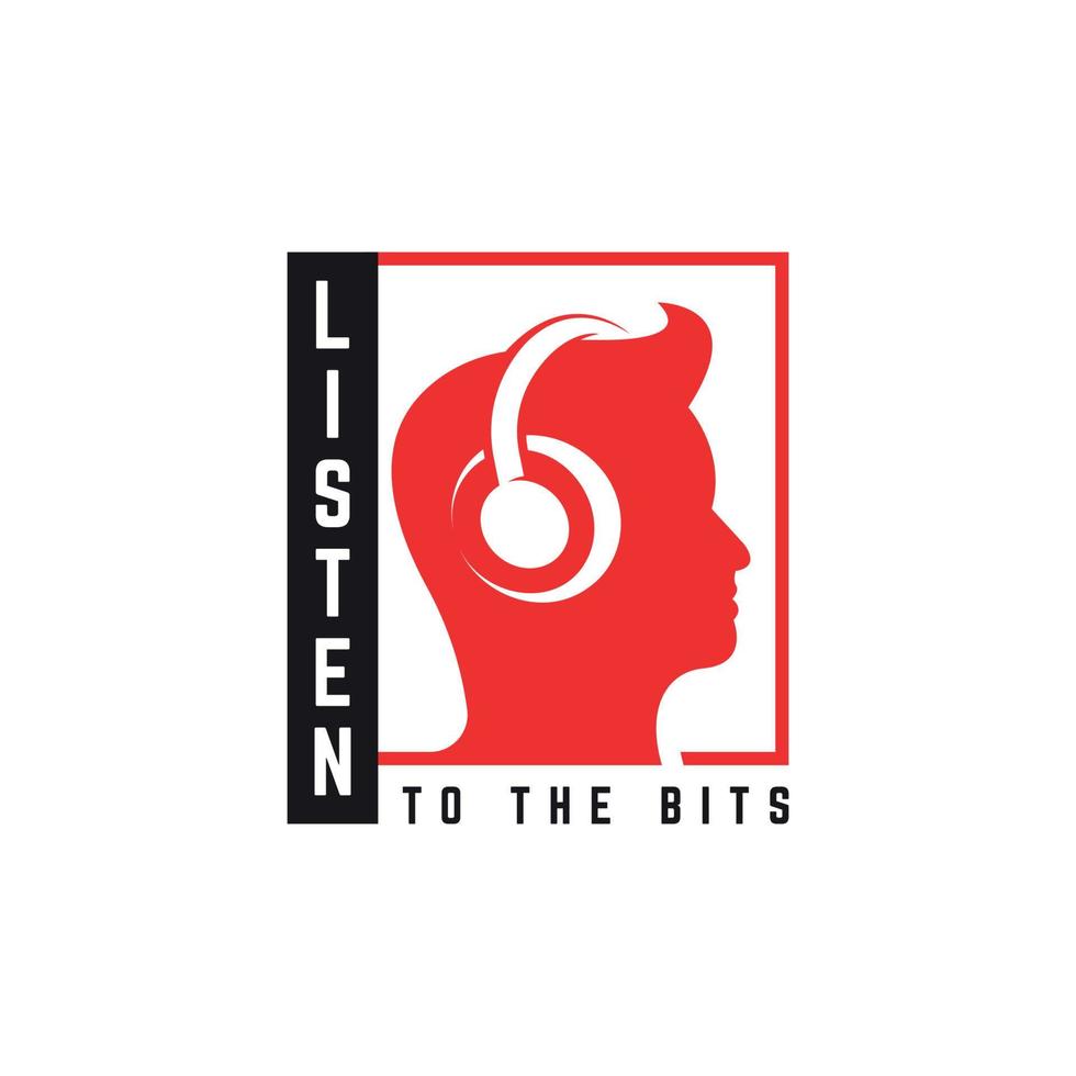 Musik-Logo-Zeichen-Poster-Design-Elemente, hören Sie sich das Bit-Konzept Mensch und Kopfhörer an vektor