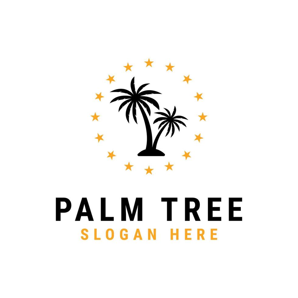 palmträd med cirkulära stjärnor logotyp design vektor
