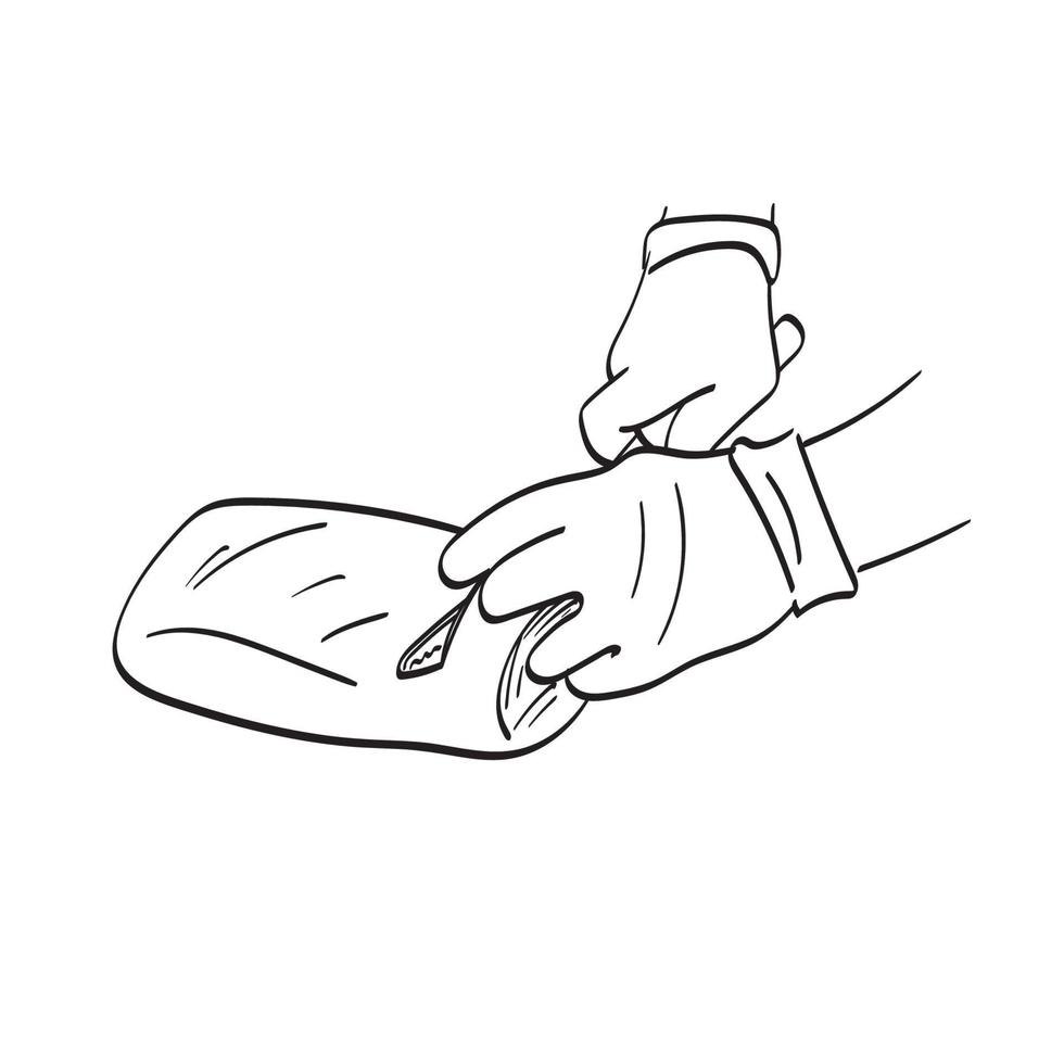Strichzeichnungen Nahaufnahme Hand mit Latexhandschuhen mit Messer zum Schneiden von Fleischillustrationsvektorhand gezeichnet lokalisiert auf weißem Hintergrund vektor