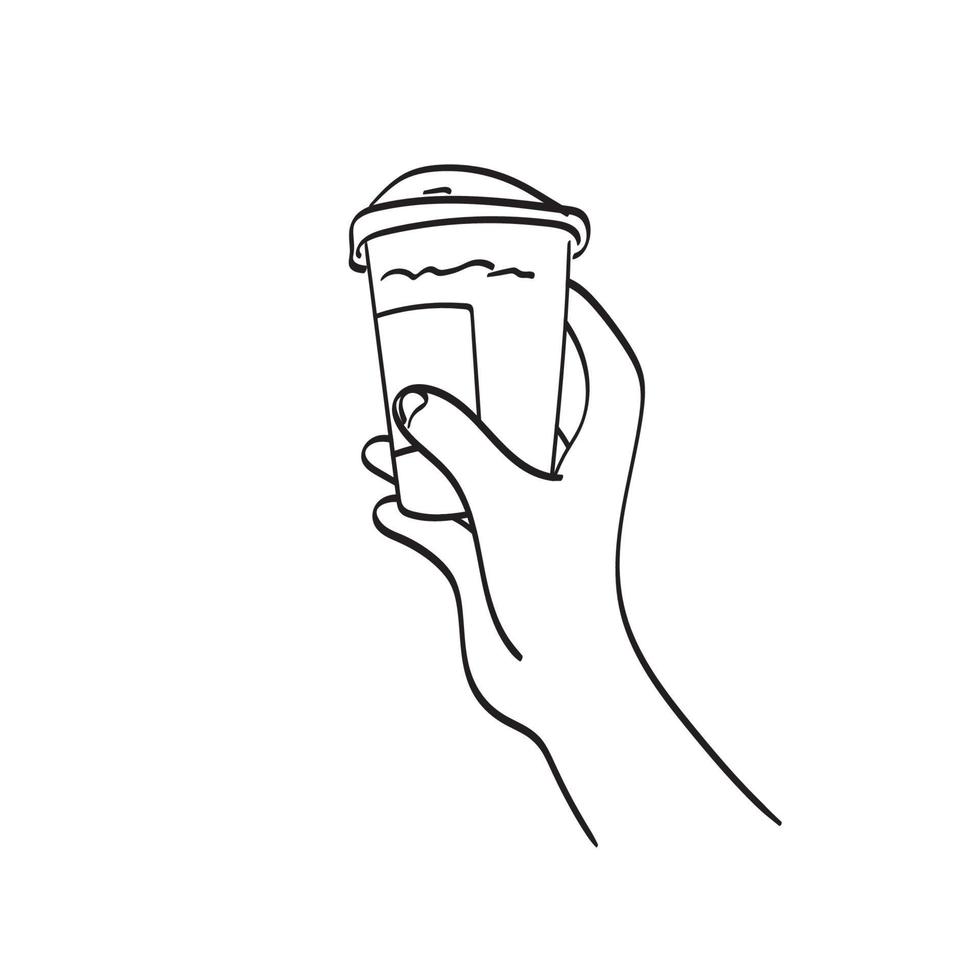 närbild hand som håller iced take away kaffe illustration vektor handritad isolerad på vit bakgrund linjekonst.