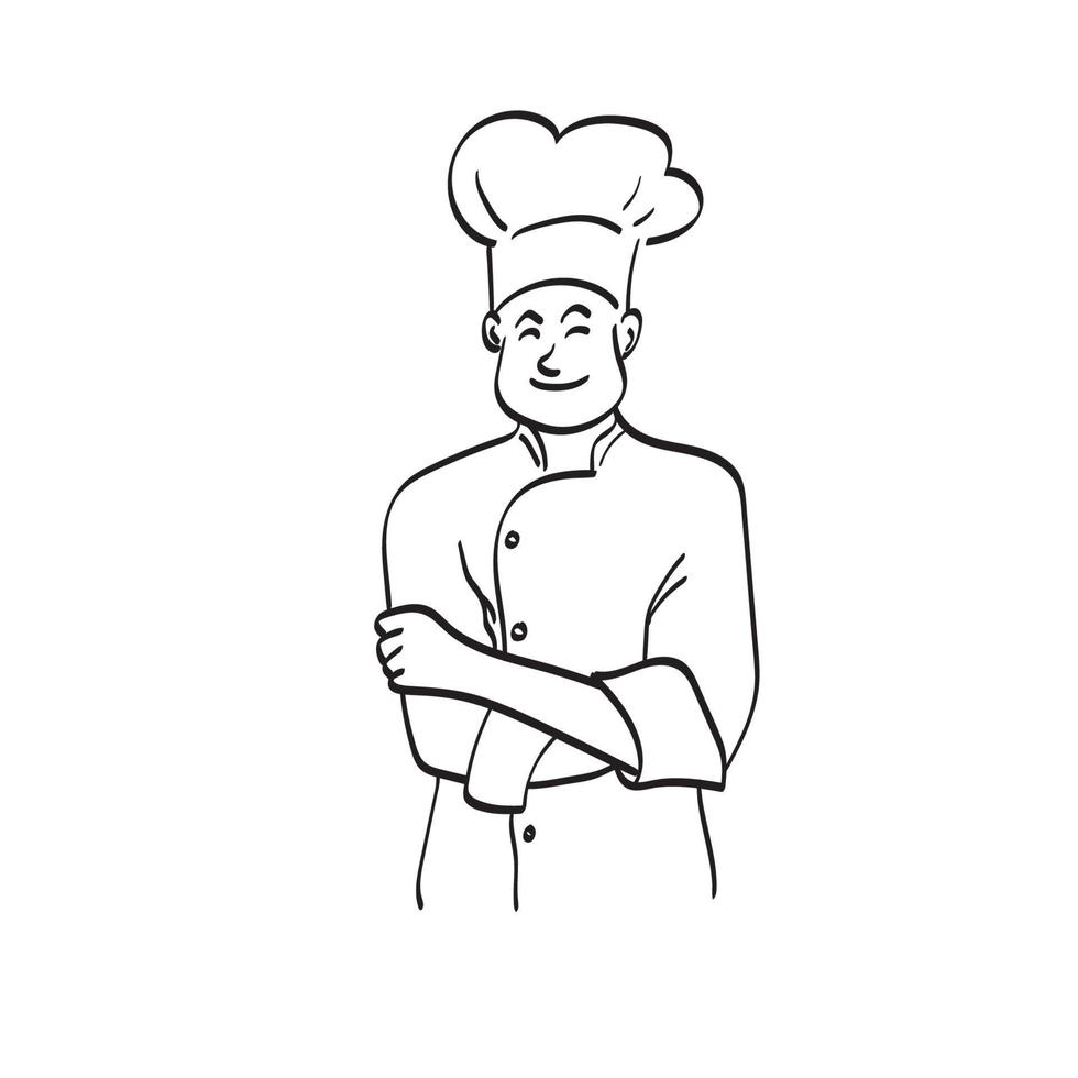 Porträt männlicher Koch stehend mit verschränkten Armen Illustration Vektor handgezeichnet isoliert auf weißem Hintergrund Strichzeichnungen.