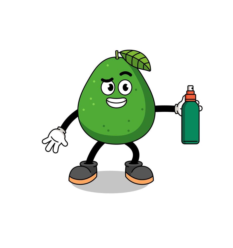 avocado-frucht-illustrationskarikatur, die mückenschutzmittel hält vektor