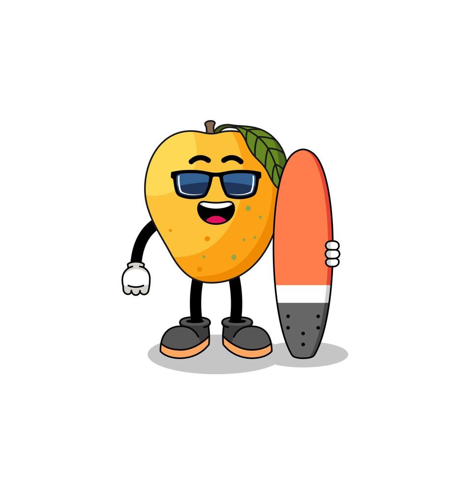 Maskottchenkarikatur der Mangofrucht als Surfer vektor