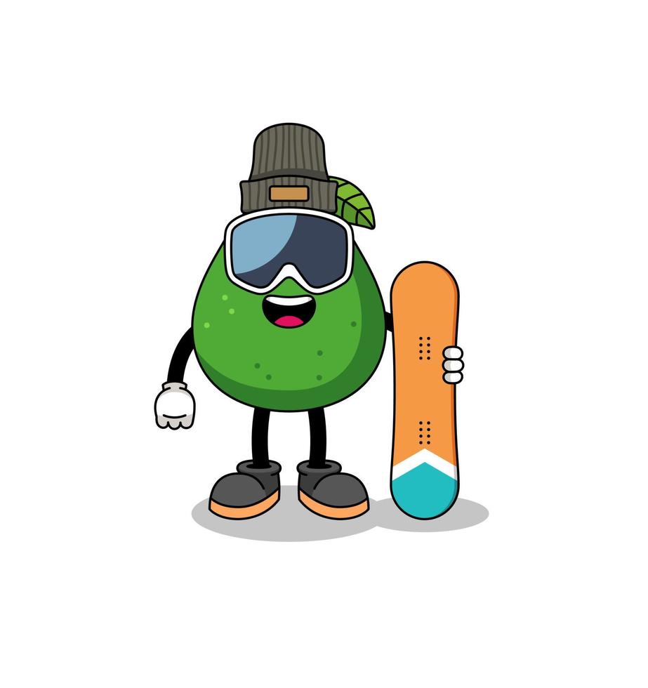 maskottchenkarikatur des avocadofrucht-snowboardspielers vektor