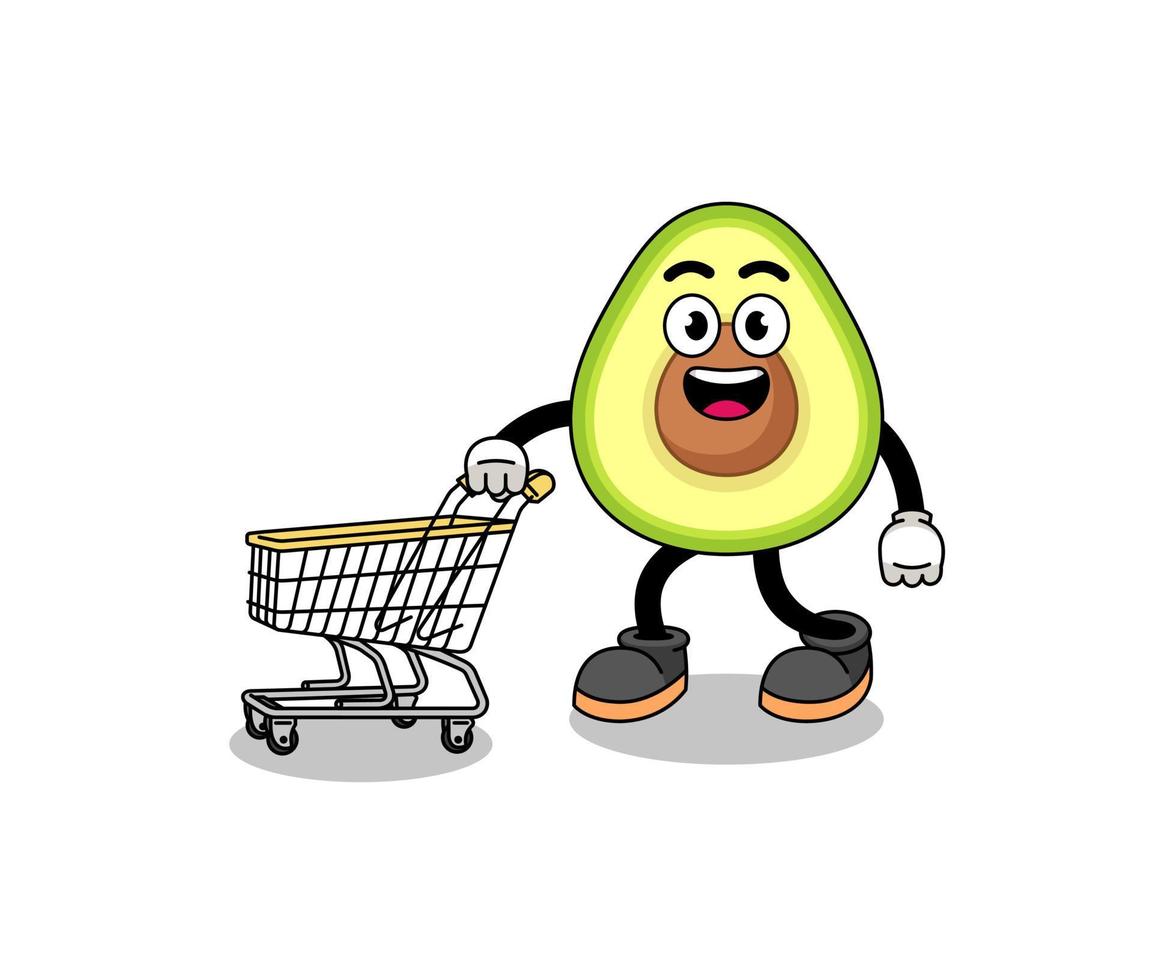 Karikatur einer Avocado, die einen Einkaufswagen hält vektor