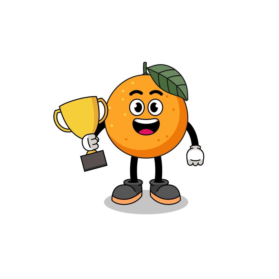 karikaturmaskottchen der orangenfrucht, die eine trophäe hält vektor