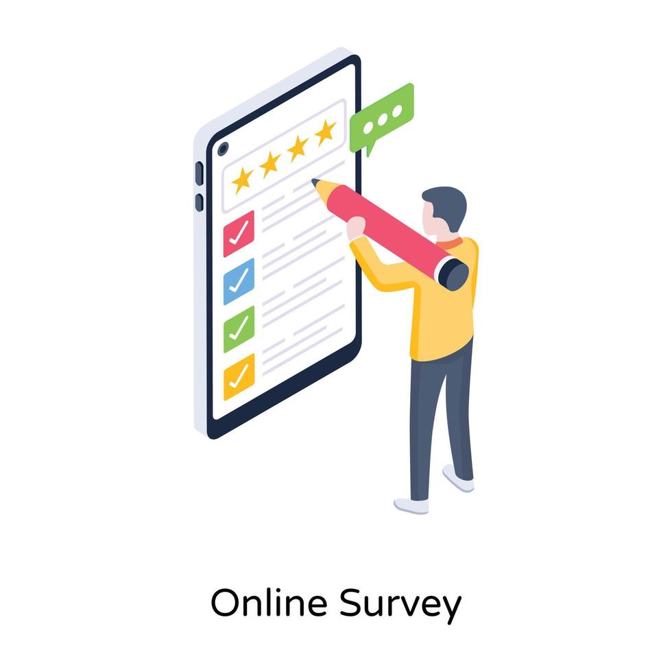 person som ger onlinerecensioner, en isometrisk ikon för onlineundersökning vektor